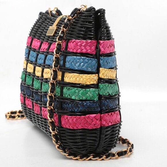 Benchmade Wicker Handbag Purse Woven Straw Chain Strap Black Rainbow Gold Clasp - Picture 8 of 9
